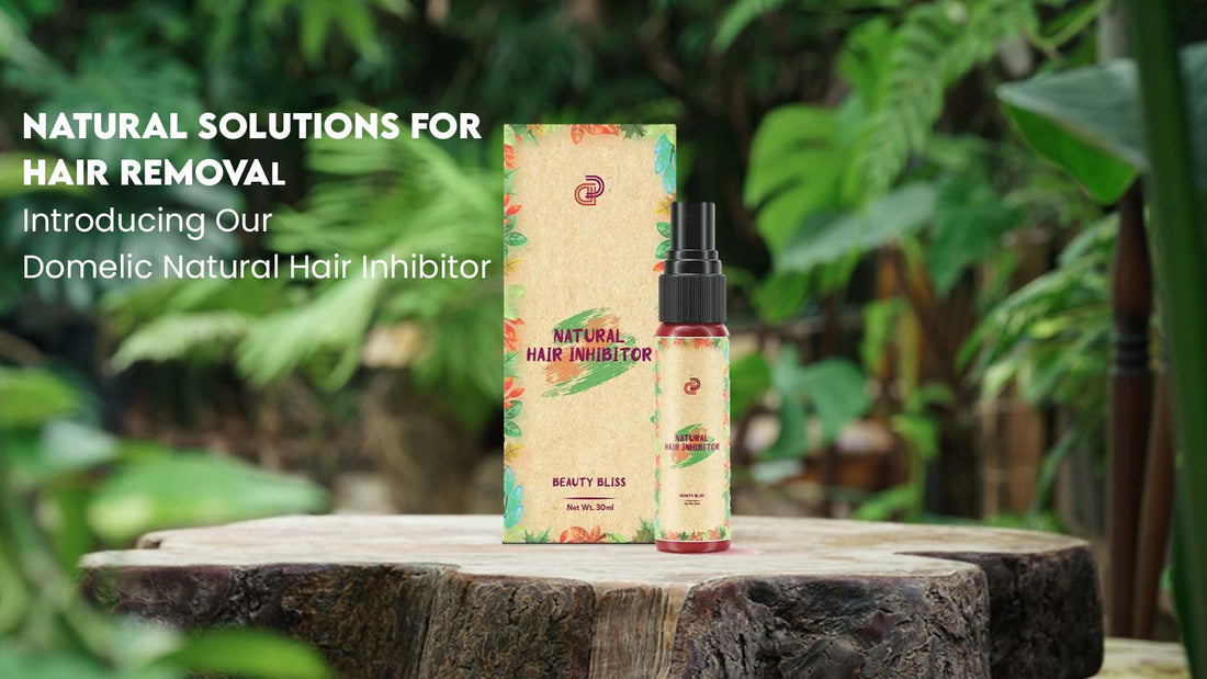 Domelic Natural Hair Inhibitor Bottle on a Green Leafy Background
