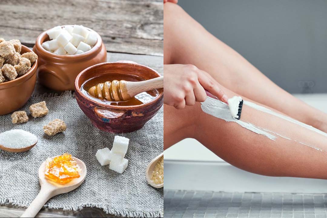 Natural ingredients like honey and sugar on the left, with a close-up of flawless permanent hair removal process on a woman's leg on the right.