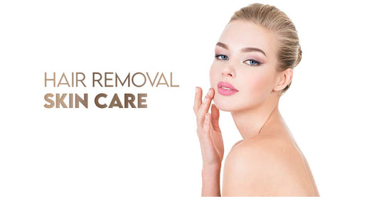 Blonde woman showcasing smooth, clear skin with hair removal skincare tips highlighted
