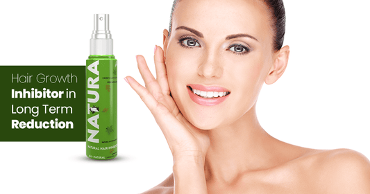 Woman with clear skin showcasing Natura hair growth inhibitor spray.