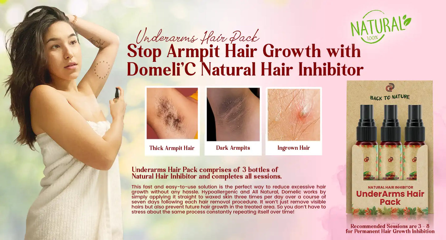 underarm hair removal serum in usa 2: "Domeli'C Natural Hair Growth Inhibitor displayed against a nature-inspired backdrop, offering a permanent hair removal solution for all skin types and hair needs.